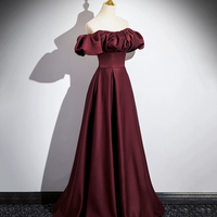 Burgundy Satin Floor Length Prom Dress - Thumbnail 1