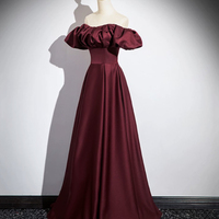 Burgundy Satin Floor Length Prom Dress - Thumbnail 2