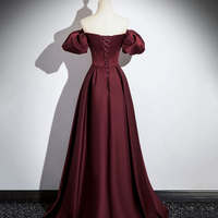 Burgundy Satin Floor Length Prom Dress - Thumbnail 3