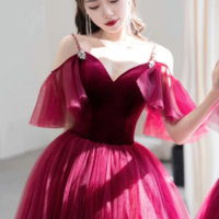 Burgundy V Neck Velvet and Tulle Long Prom Dress, A Line Spaghetti Strap Formal Evening Dress KPP1642 - Thumbnail 1