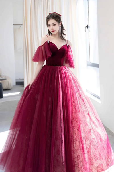 Burgundy V Neck Velvet and Tulle Long Prom Dress, A Line Spaghetti Strap Formal Evening Dress KPP1642