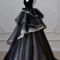 Black V Neck Puffy High Low Long Prom Dresses, Black V Neck High Low Formal Evening Dresses KPP1643 - Thumbnail 2