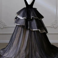 Black V Neck Puffy High Low Long Prom Dresses, Black V Neck High Low Formal Evening Dresses KPP1643 - Thumbnail 3