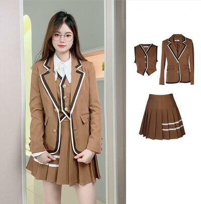 3pcs Vintage School Uniform Style Skirt Jacket Vest Set