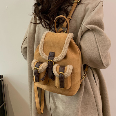 Retro suede leather fleece backpack