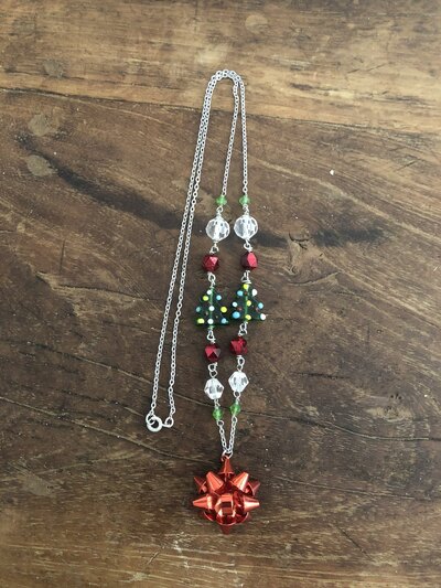 Red Bow Christmas Tree Necklace