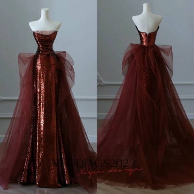Fairy Burgundy Sequins Tulle Prom Dresses Princess Strapless Bow Sleeveless Backless Sweep Train Evening Party Formal Dress