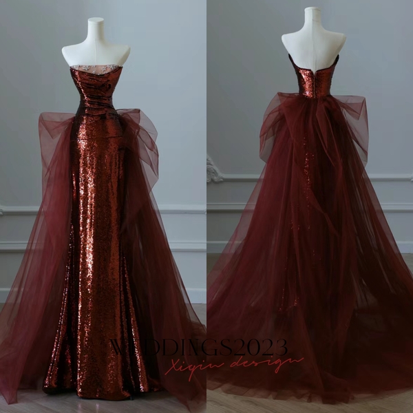 Fairy Burgundy Sequins Tulle Prom Dresses Princess Strapless Bow Sleeveless Backless Sweep Train Evening Party Formal Dress