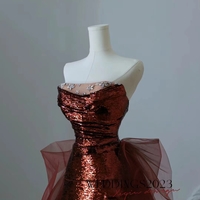 Fairy Burgundy Sequins Tulle Prom Dresses Princess Strapless Bow Sleeveless Backless Sweep Train Evening Party Formal Dress - Thumbnail 3