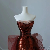 Fairy Burgundy Sequins Tulle Prom Dresses Princess Strapless Bow Sleeveless Backless Sweep Train Evening Party Formal Dress - Thumbnail 4