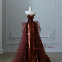 Fairy Burgundy Sequins Tulle Prom Dresses Princess Strapless Bow Sleeveless Backless Sweep Train Evening Party Formal Dress - Thumbnail 6