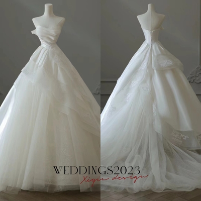 Fairy strapless satin a line wedding dresses handmade flower applique wedding ball gown princess tulle bridal gown 
