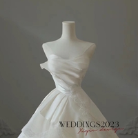 Fairy Strapless Satin A line Wedding Dresses Handmade Flower Applique Wedding Ball Gown Princess Tulle Bridal Gown  - Thumbnail 3