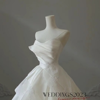 Fairy Strapless Satin A line Wedding Dresses Handmade Flower Applique Wedding Ball Gown Princess Tulle Bridal Gown  - Thumbnail 4