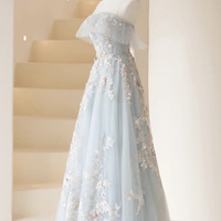 Blue tulle lace prom dress A line evening dress，1669 - Thumbnail 1