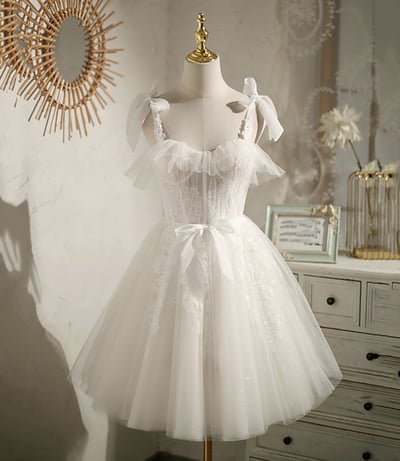 White tulle lace short prom dress homecoming dress，1670