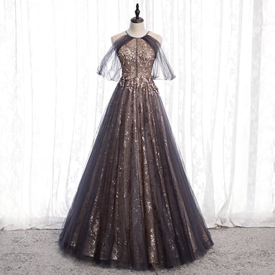 Elegant tulle sequins prom dress formal dress，1673