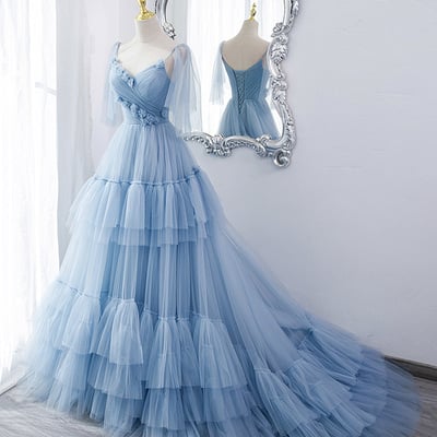 Blue tulle long prom dress a line evening gown，1675