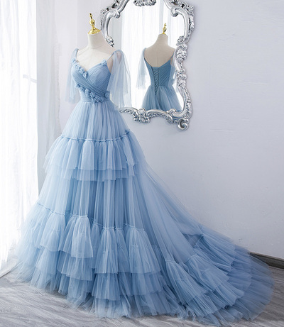 Blue Tulle Long Prom Dress A Line Evening Gown，1675