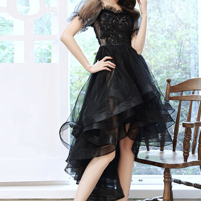 Black tulle lace high low prom dress homecoming dress,1677 - Thumbnail 1