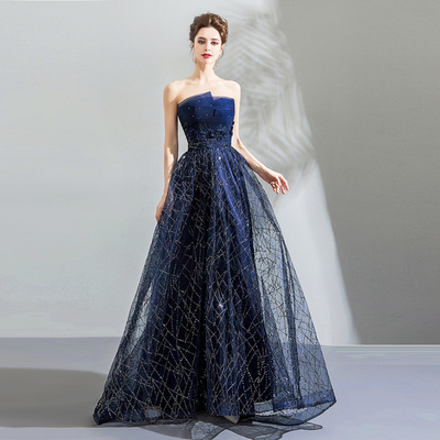 Dark blue tulle sequins long prom dress, evening dress,1679