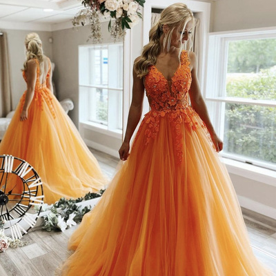 Orange tulle lace long prom dress a line evening gown,1680