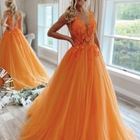 Orange Tulle Lace Long Prom Dress A Line Evening Gown,1680 - Thumbnail 1