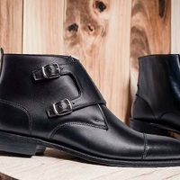 Men's Handmade Ankle High Black Double Buckle Cap Toe Boot, Fashion Boot - Thumbnail 1