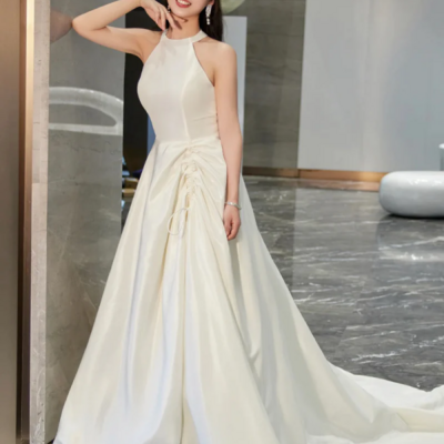 White satin long prom dress with slit, elegant a line backless evening party dress kpp1645