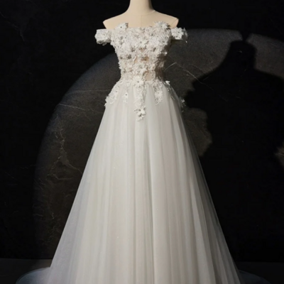 White a line off the shoulder flowers and tulle formal dress, beautiful long evening party dress kpp1646