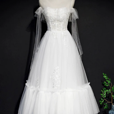 White lace a line tea length prom dress, simple wedding dresses kpp1647