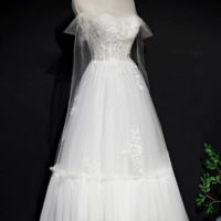 White Lace A Line Tea Length Prom Dress, Simple Wedding Dresses KPP1647 - Thumbnail 3