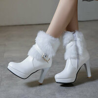 Winter Warm Furry Ankle Heeled Boots  - Thumbnail 1