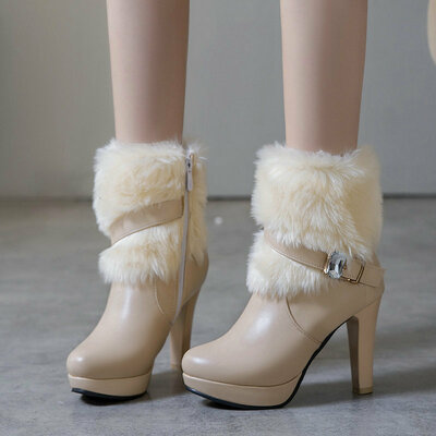 Winter Warm Furry Ankle Heeled Boots 