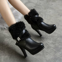 Winter Warm Furry Ankle Heeled Boots  - Thumbnail 3