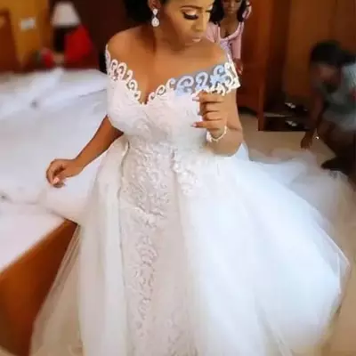Sexy african nigerian mermaid wedding dresses with detachable train full lace applique sheer off the shoulder short sleeve bridal gowns - Thumbnail 1