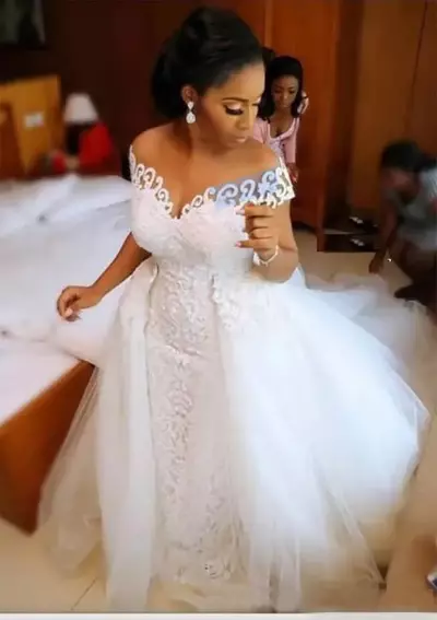 Sexy African Nigerian Mermaid Wedding Dresses With Detachable Train Full Lace Applique Sheer Off The Shoulder Short Sleeve Bridal Gowns