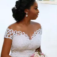 Sexy African Nigerian Mermaid Wedding Dresses With Detachable Train Full Lace Applique Sheer Off The Shoulder Short Sleeve Bridal Gowns - Thumbnail 1