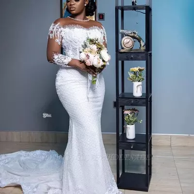 African white lace mermaid wedding dresses elegant sheer long sleeves bridal gowns beaded applique country second reception dress - Thumbnail 4
