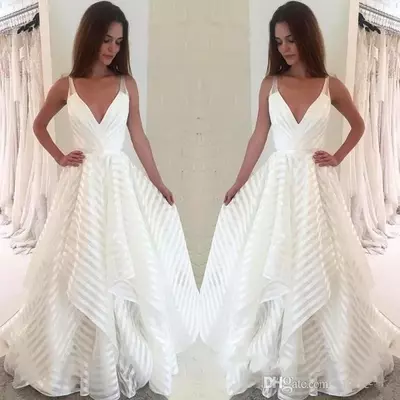 Deep v neck spaghetti straps a line wedding dress stripes lace tulle tiers ruffles floor length bridal gown  - Thumbnail 2