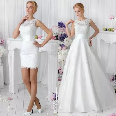 Romantic white two pieces a line lace wedding dresses with detachable skirt vestidos de noiva spring crew neck short dance bridal gowns - Thumbnail 2