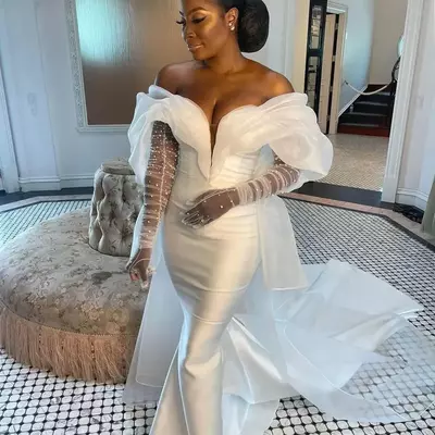 Simple satin mermaid wedding dress with removable long sleeve couture plus size beads bride party dress celebrity bridal gowns - Thumbnail 1