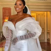 Simple Satin Mermaid Wedding Dress with Removable Long Sleeve Couture Plus Size Beads Bride Party Dress Celebrity Bridal Gowns - Thumbnail 1