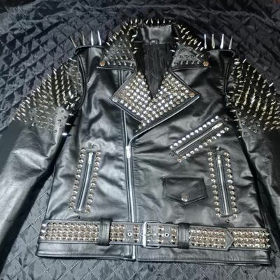  crafted leather women punk style black studded leather jacket large spike sliver studs - Thumbnail 5