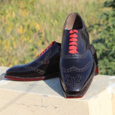 Crafted leather men black patent leather wingtip oxford dress lace up shoes - Thumbnail 4