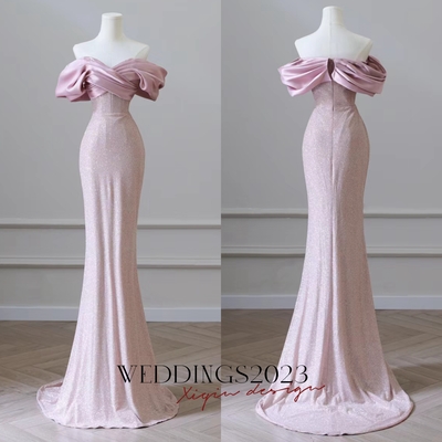 Flesh pink sequin evening gown elegant women's off shoulder party prom evening gown