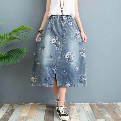 Elastic waist rose print loose slit a-line denim skirt - Thumbnail 1