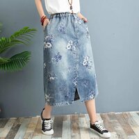 Elastic waist rose print loose slit A-line denim skirt - Thumbnail 1