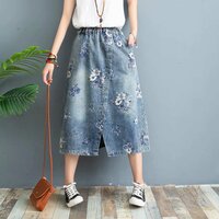Elastic waist rose print loose slit A-line denim skirt - Thumbnail 2