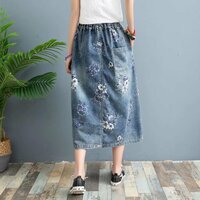 Elastic waist rose print loose slit A-line denim skirt - Thumbnail 3